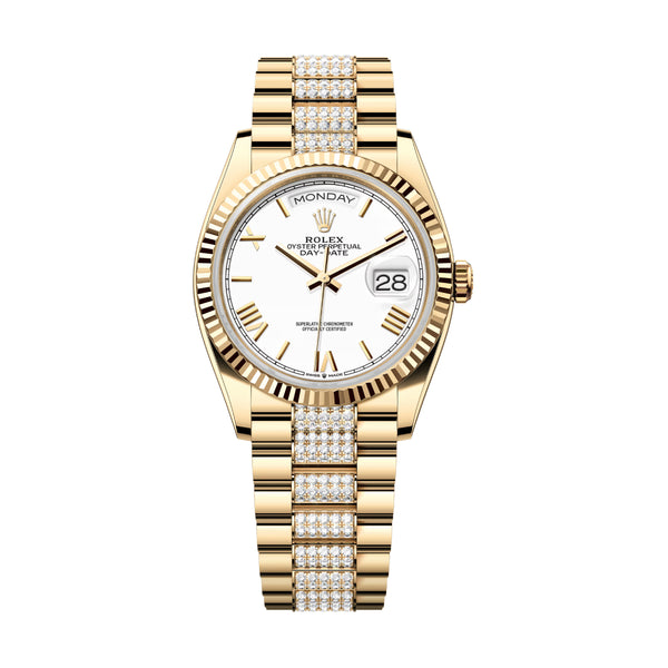 Rolex Day-Date 36 128238-0114 White Roman Dial 18K Yellow Gold Diamond-Set President Bracelet