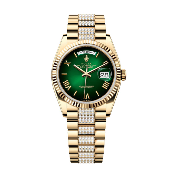 Rolex Day-Date 36 128238-0119 Green Ombré Dial 18K Yellow Gold Diamond-Set President Bracelet