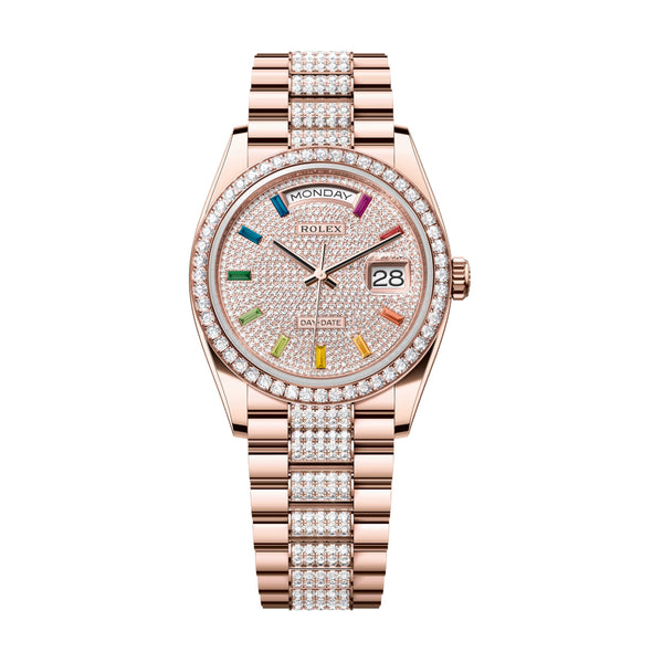 Rolex Day-Date 36 128345RBR-0043 18k Everose Gold with Pave Rainbow Diamond Dial
