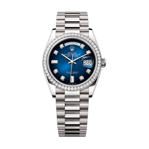 Rolex Day-Date 128349RBR-0010 36mm White Gold Blue Ombré Diamond Dial