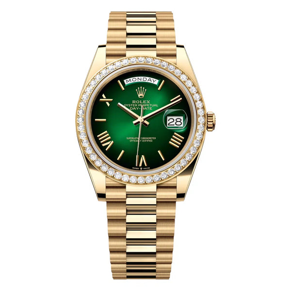 Rolex Day-Date 40 228348TBR-0045 Yellow Gold Green Ombré Dial Baguette Diamond Bezel 2024
