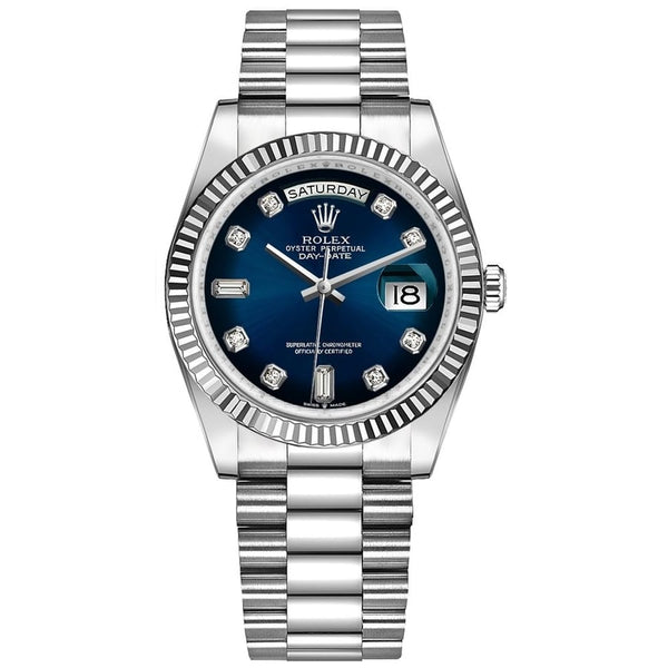 Rolex Day-Date 36 128239-0023 18K White Gold Blue Ombré Diamond Dial President Bracelet