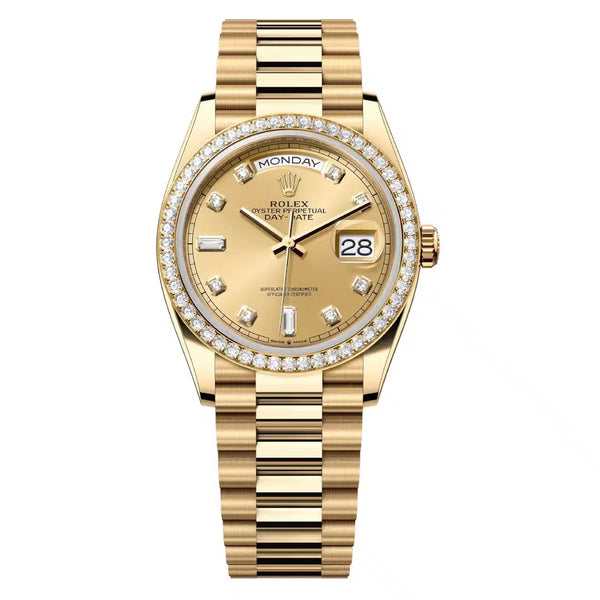 Rolex Day-Date 36 128348RBR-0008 Yellow Gold Diamond Bezel Champagne Diamond Dial