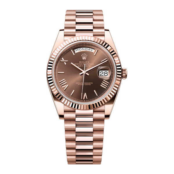 Rolex Day-Date 40 228235-0002 18k Everose Gold Fluted Bezel Chocolate Roman Dial President Bracelet