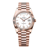 Rolex Day-Date 40 228235-0032 Rose Gold Fluted Bezel White Roman Dial President Bracelet