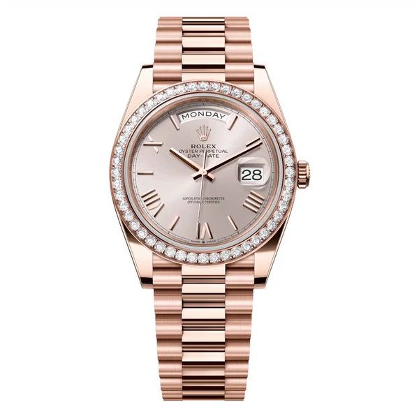 Rolex Day-Date 40 228345RBR-0008 Sundust Dial Everose Gold Diamond Bezel Watch 2024
