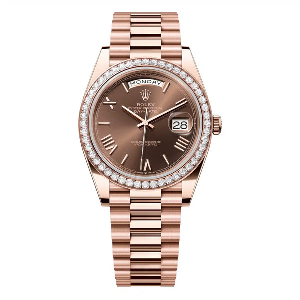 Rolex Day-Date 40 228345RBR-0009 Chocolate Dial Rose Gold Diamond Bezel