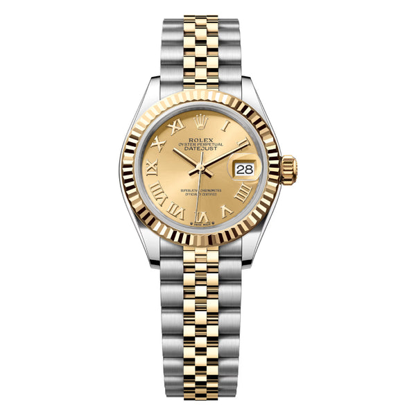 Rolex Lady-Datejust 28 Two-Tone Steel and Yellow Gold Watch 279173-0009 Fluted Bezel Champagne Roman Dial Jubilee Bracelet