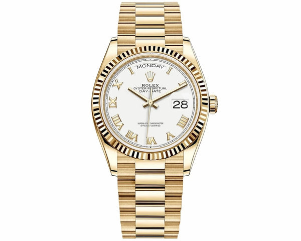 Rolex Day-Date 36 128238-0076 White Dial Yellow Gold President Watch