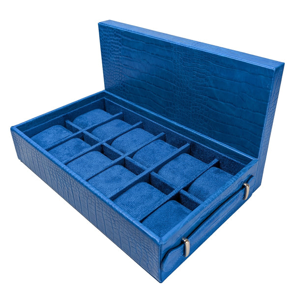 12-Piece Watch Storage Box and Tray in Bright Blue PU Leather