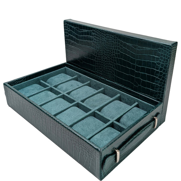 12-Piece Green PU Leather Watch Box with Top Storage Tray